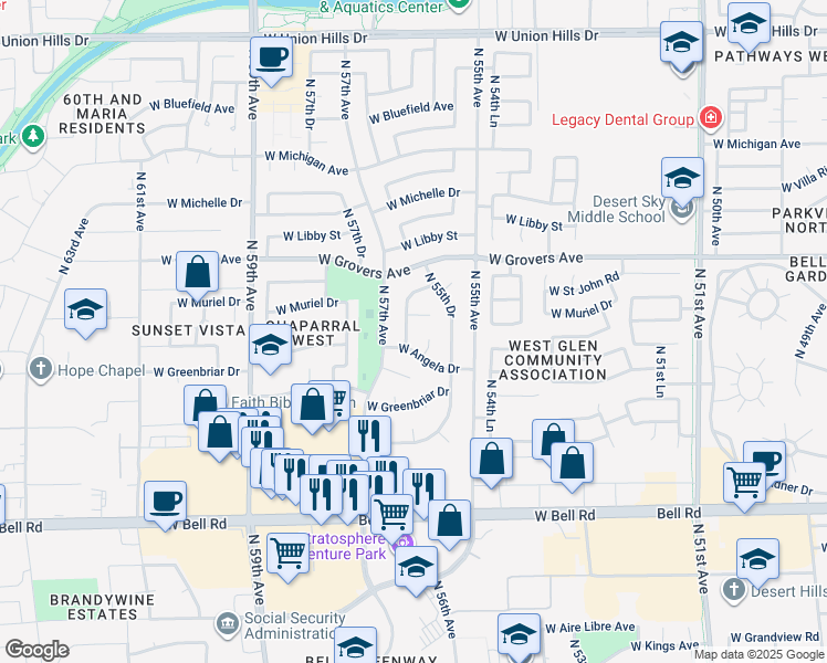 map of restaurants, bars, coffee shops, grocery stores, and more near 17430 North 56th Avenue in Glendale