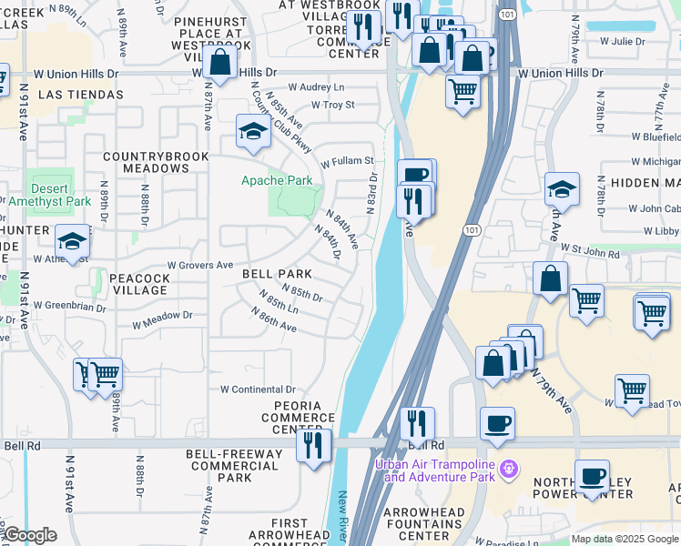 map of restaurants, bars, coffee shops, grocery stores, and more near 17410 North 84th Lane in Peoria