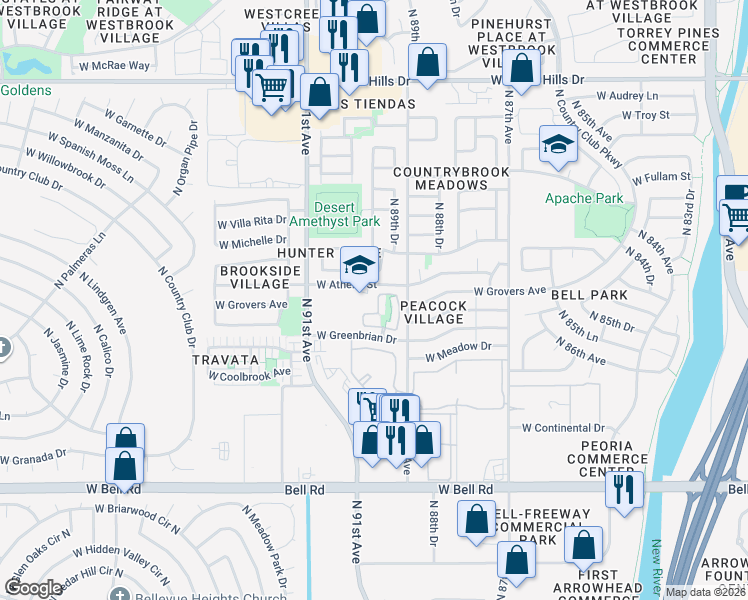 map of restaurants, bars, coffee shops, grocery stores, and more near 8977 West Athens Street in Peoria
