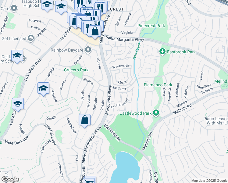 map of restaurants, bars, coffee shops, grocery stores, and more near 27991 Longford in Mission Viejo