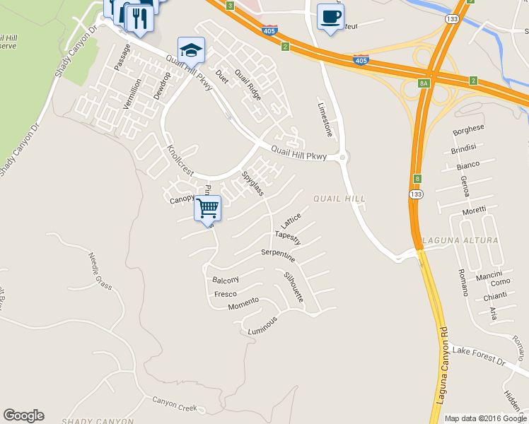 map of restaurants, bars, coffee shops, grocery stores, and more near 133 Weathervane in Irvine