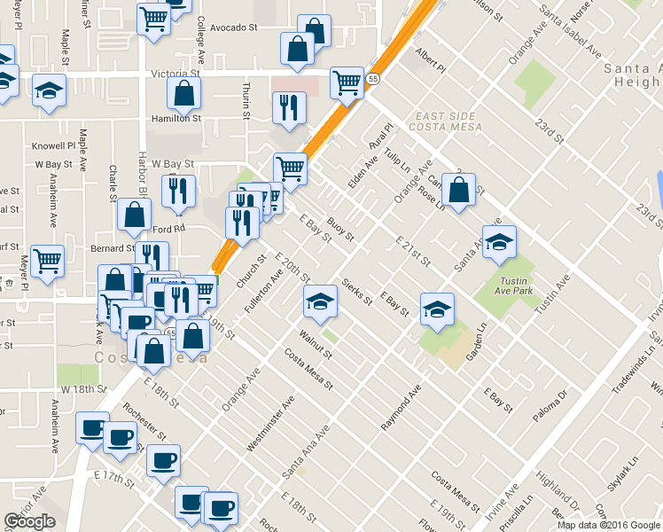 map of restaurants, bars, coffee shops, grocery stores, and more near 2020 Fullerton Avenue in Costa Mesa