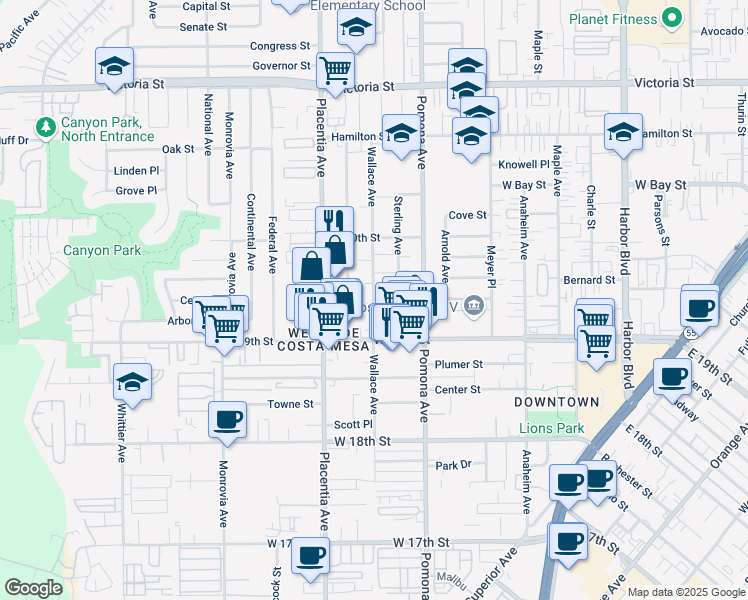 map of restaurants, bars, coffee shops, grocery stores, and more near 1945 Wallace Avenue in Costa Mesa
