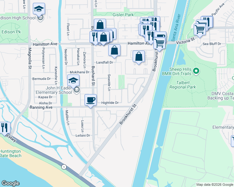 map of restaurants, bars, coffee shops, grocery stores, and more near 21871 Vacation Lane in Huntington Beach