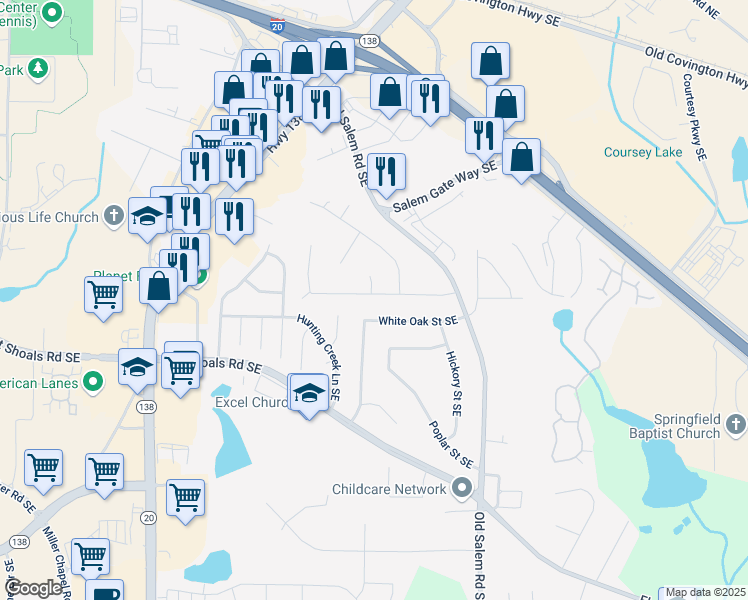 map of restaurants, bars, coffee shops, grocery stores, and more near 1283 Maple Street Southeast in Conyers
