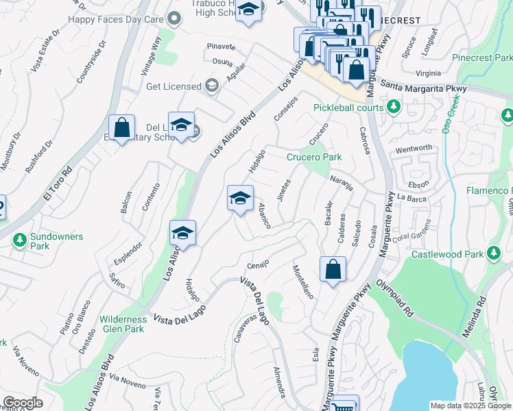 map of restaurants, bars, coffee shops, grocery stores, and more near 27492 Abanico in Mission Viejo