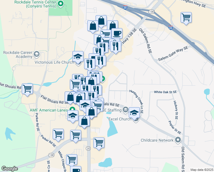 map of restaurants, bars, coffee shops, grocery stores, and more near 1712 Hunting Creek Drive Southeast in Conyers