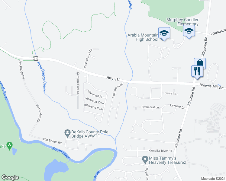 map of restaurants, bars, coffee shops, grocery stores, and more near 4525 Latchwood Drive in Lithonia