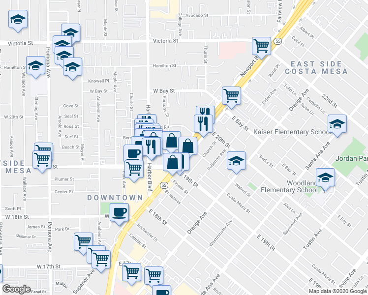 map of restaurants, bars, coffee shops, grocery stores, and more near 406 Bernard Street in Costa Mesa