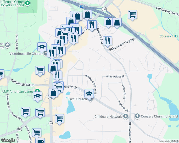 map of restaurants, bars, coffee shops, grocery stores, and more near 1205 Maple Street Southeast in Conyers