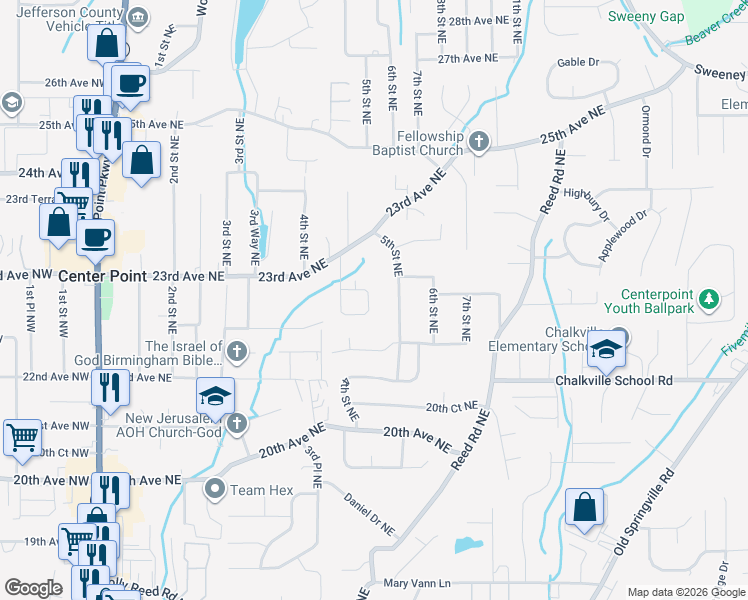 map of restaurants, bars, coffee shops, grocery stores, and more near 2236 5th Street Northeast in Center Point
