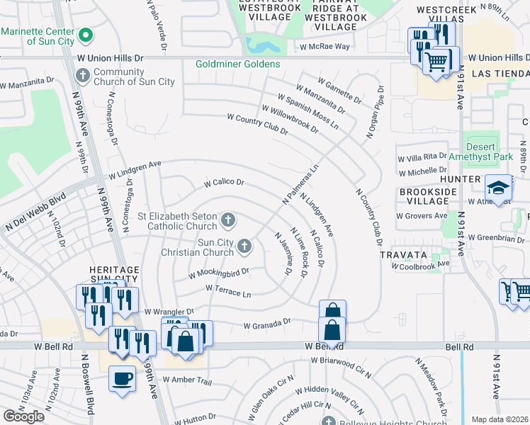 map of restaurants, bars, coffee shops, grocery stores, and more near 9521 West Appaloosa Drive in Sun City