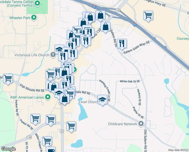 map of restaurants, bars, coffee shops, grocery stores, and more near 1700 Winchester Way Southeast in Conyers