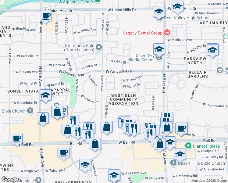 map of restaurants, bars, coffee shops, grocery stores, and more near 5411 West Karen Drive in Glendale