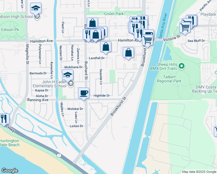 map of restaurants, bars, coffee shops, grocery stores, and more near 21871 Vacation Lane in Huntington Beach