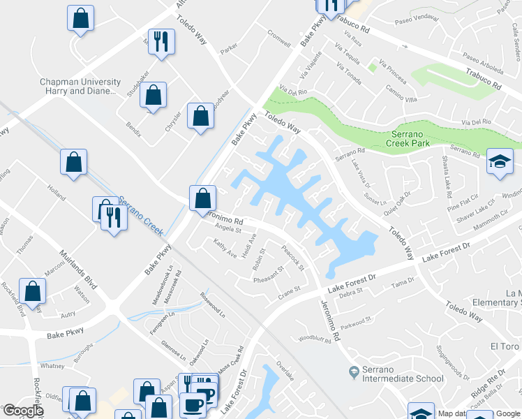 map of restaurants, bars, coffee shops, grocery stores, and more near 21891 Huron Lane in Lake Forest
