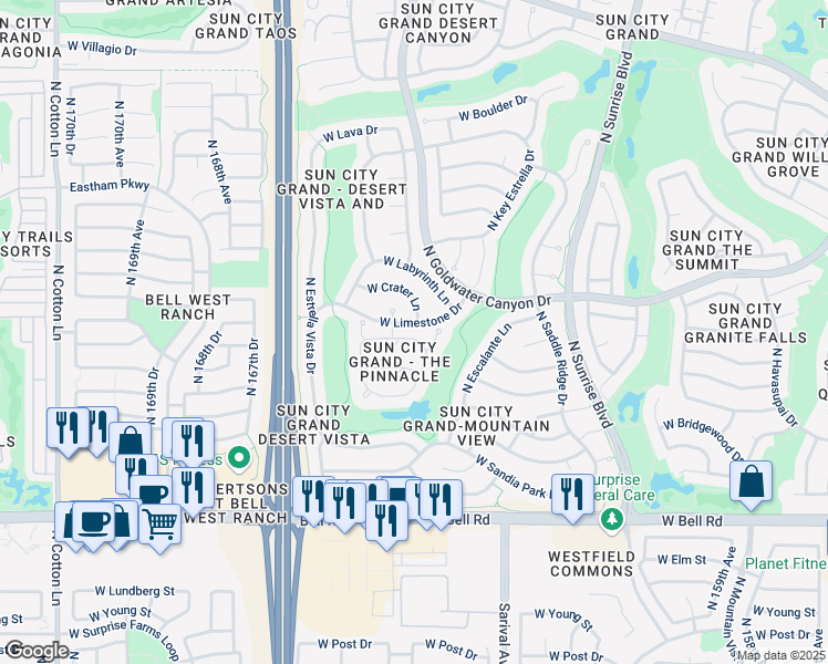 map of restaurants, bars, coffee shops, grocery stores, and more near 16378 West Chaparral Lane in Surprise