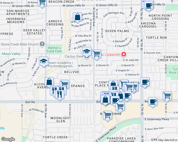 map of restaurants, bars, coffee shops, grocery stores, and more near 17425 North 1st Drive in Phoenix