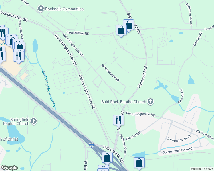 map of restaurants, bars, coffee shops, grocery stores, and more near 2081 Old Covington Road Northeast in Conyers