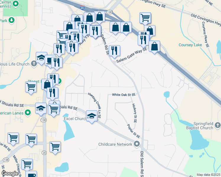 map of restaurants, bars, coffee shops, grocery stores, and more near 1283 Maple Street Southeast in Conyers