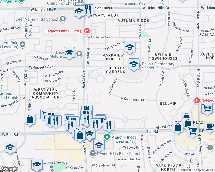 map of restaurants, bars, coffee shops, grocery stores, and more near 4904 West Torrey Pines Circle in Glendale