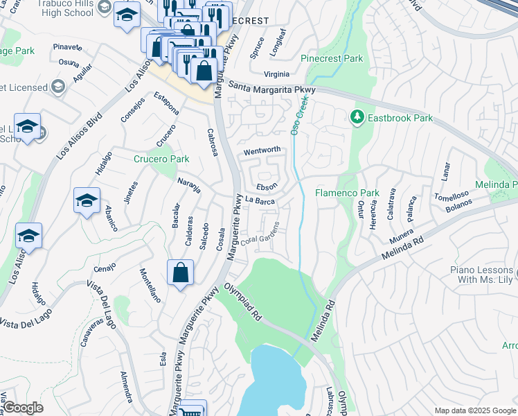 map of restaurants, bars, coffee shops, grocery stores, and more near 27991 Longford in Mission Viejo