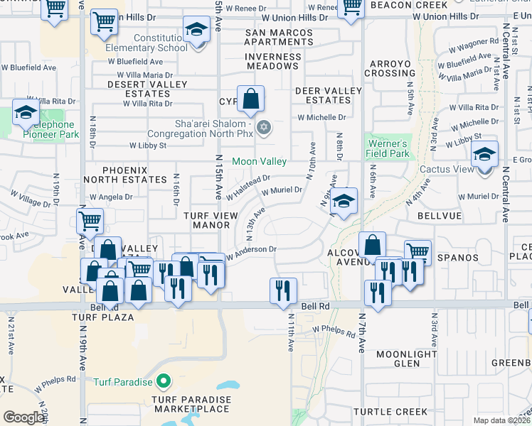 map of restaurants, bars, coffee shops, grocery stores, and more near 17438 North 13th Avenue in Phoenix