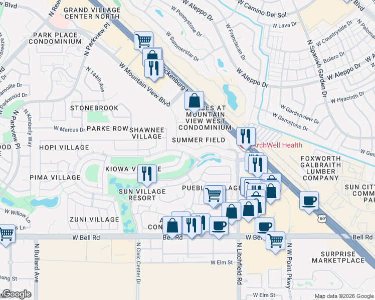 map of restaurants, bars, coffee shops, grocery stores, and more near 14074 West Two Guns Trail in Surprise