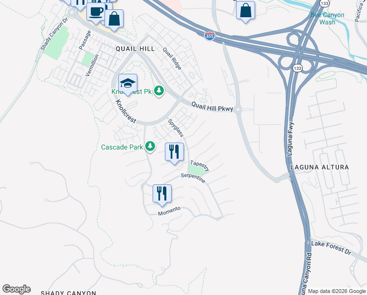 map of restaurants, bars, coffee shops, grocery stores, and more near 133 Weathervane in Irvine