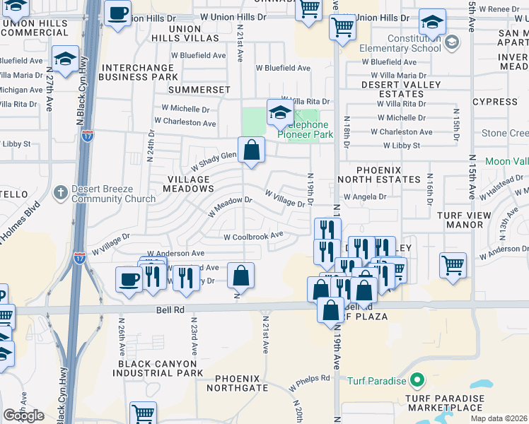 map of restaurants, bars, coffee shops, grocery stores, and more near 2023 West Meadow Drive in Phoenix