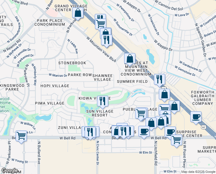 map of restaurants, bars, coffee shops, grocery stores, and more near 14235 West Shawnee Trail in Surprise