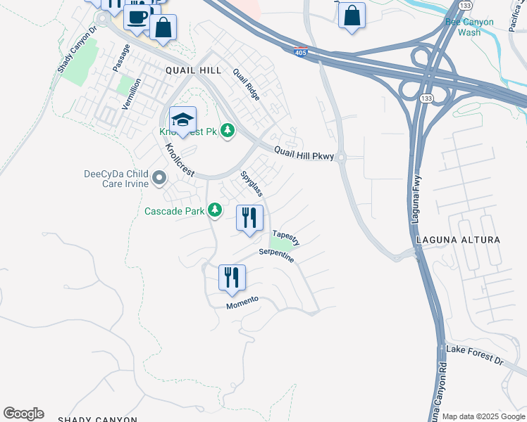 map of restaurants, bars, coffee shops, grocery stores, and more near 133 Weathervane in Irvine