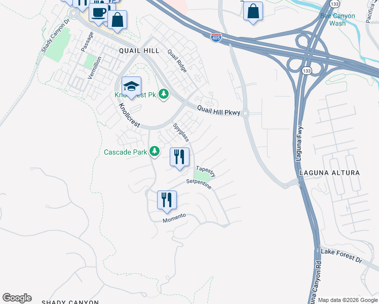 map of restaurants, bars, coffee shops, grocery stores, and more near 133 Weathervane in Irvine