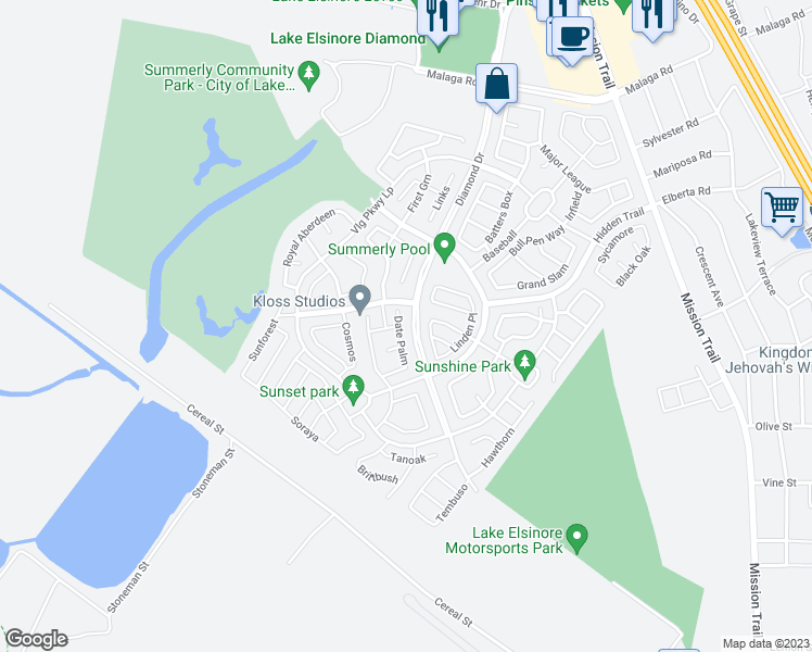 map of restaurants, bars, coffee shops, grocery stores, and more near 29264 Date Palm in Lake Elsinore