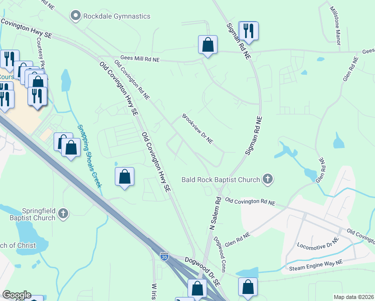 map of restaurants, bars, coffee shops, grocery stores, and more near 2081 Old Covington Road Northeast in Conyers