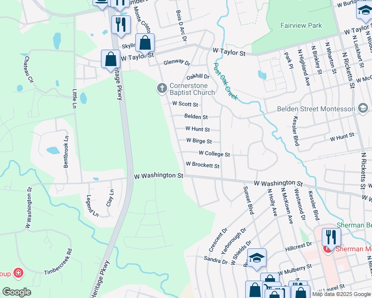 map of restaurants, bars, coffee shops, grocery stores, and more near 1815 West College Street in Sherman