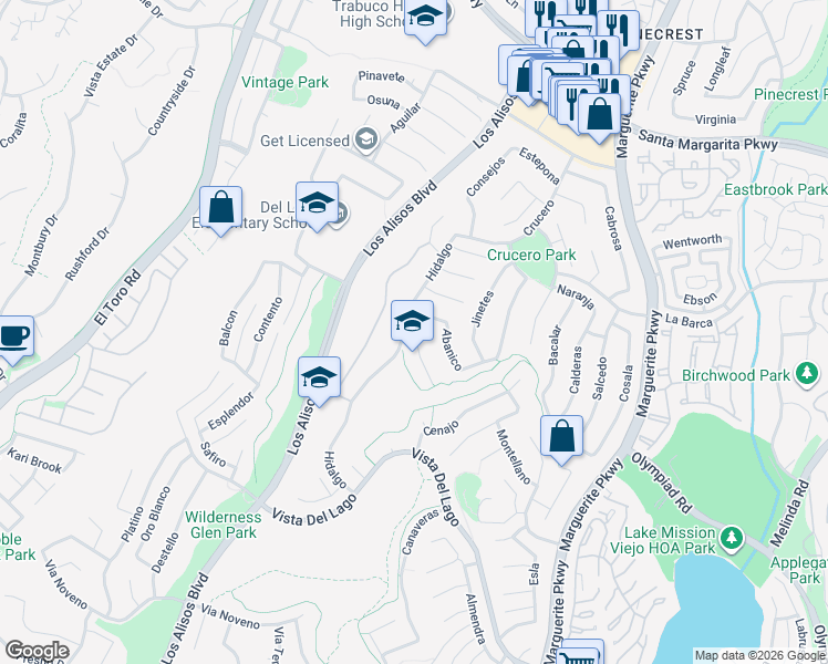 map of restaurants, bars, coffee shops, grocery stores, and more near 27415 Sereno in Mission Viejo