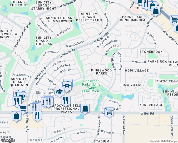 map of restaurants, bars, coffee shops, grocery stores, and more near 15025 West Piana Trail in Surprise