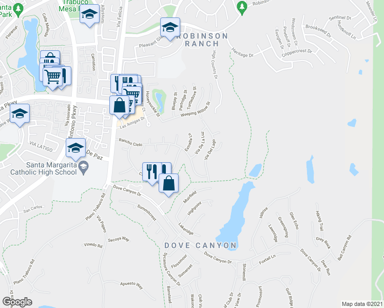 map of restaurants, bars, coffee shops, grocery stores, and more near 21871 Vía De La Luz in Trabuco Canyon