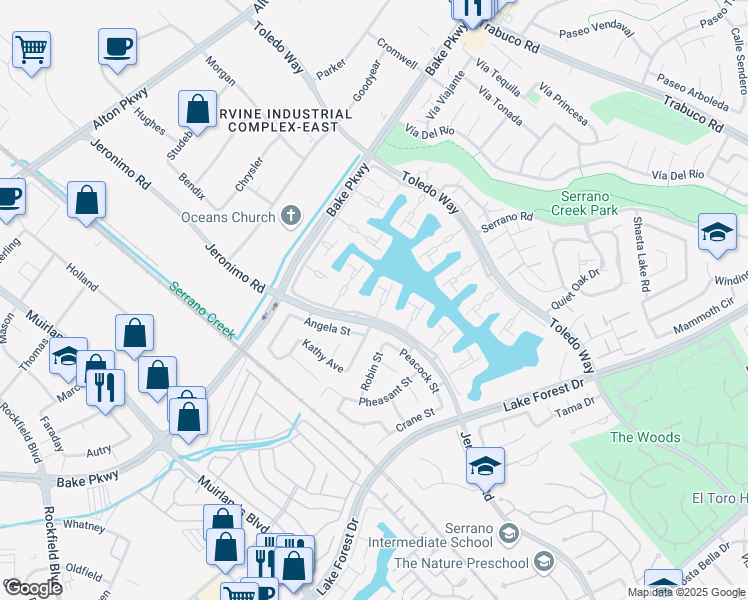 map of restaurants, bars, coffee shops, grocery stores, and more near 21891 Huron Lane in Lake Forest