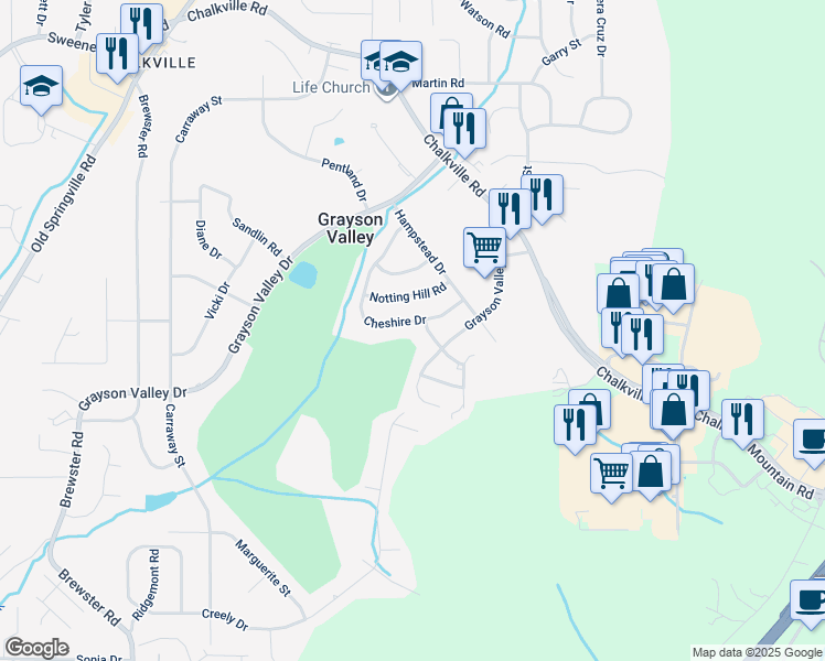 map of restaurants, bars, coffee shops, grocery stores, and more near 2176 Cheshire Drive in Birmingham