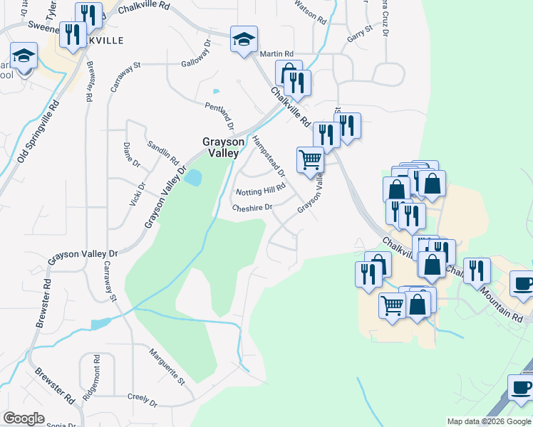 map of restaurants, bars, coffee shops, grocery stores, and more near 2176 Cheshire Drive in Birmingham