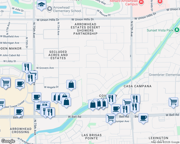 map of restaurants, bars, coffee shops, grocery stores, and more near 7042 West Saint John Road in Glendale