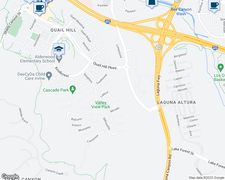 map of restaurants, bars, coffee shops, grocery stores, and more near 102 Lattice in Irvine