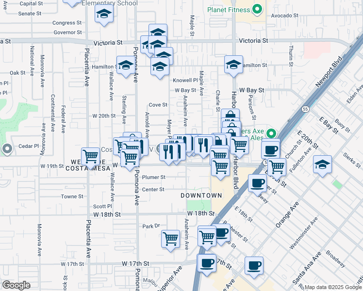 map of restaurants, bars, coffee shops, grocery stores, and more near 1929A Anaheim Avenue in Costa Mesa