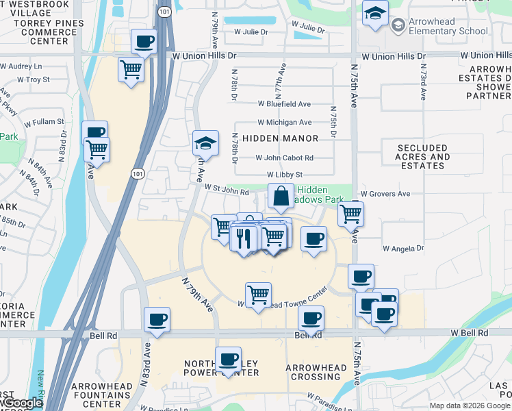 map of restaurants, bars, coffee shops, grocery stores, and more near 7701 West Saint John Road in Glendale
