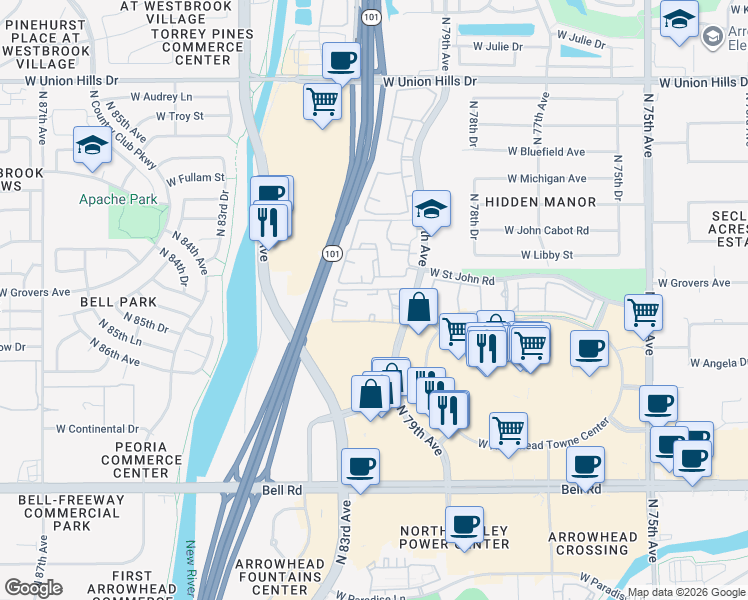 map of restaurants, bars, coffee shops, grocery stores, and more near 17722 North 79th Avenue in Glendale