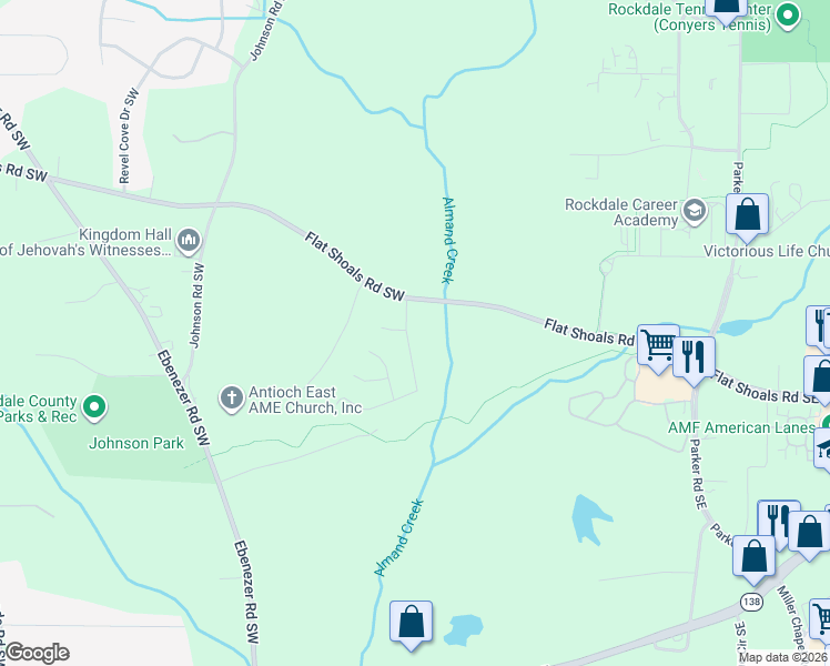 map of restaurants, bars, coffee shops, grocery stores, and more near 1677 Almand Creek Drive Southwest in Conyers