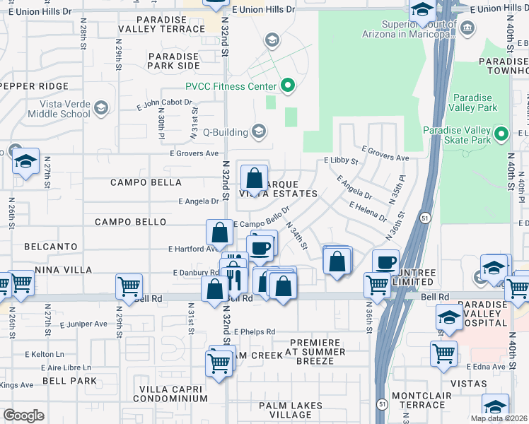 map of restaurants, bars, coffee shops, grocery stores, and more near 3309 East Helena Drive in Phoenix