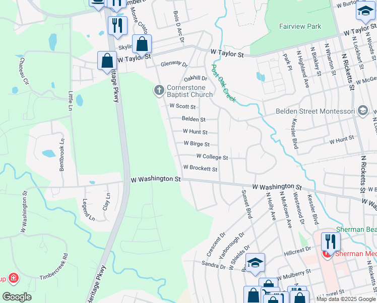 map of restaurants, bars, coffee shops, grocery stores, and more near 1815 West College Street in Sherman